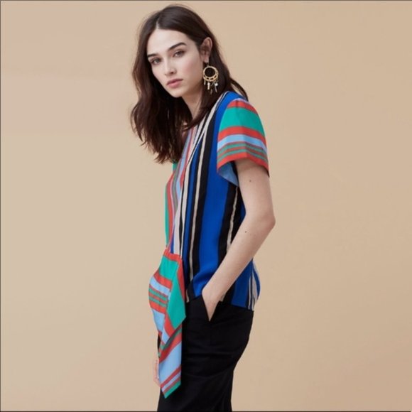 Diane von Furstenberg Striped Silk Asymmetrical Top - Picture 1 of 6
